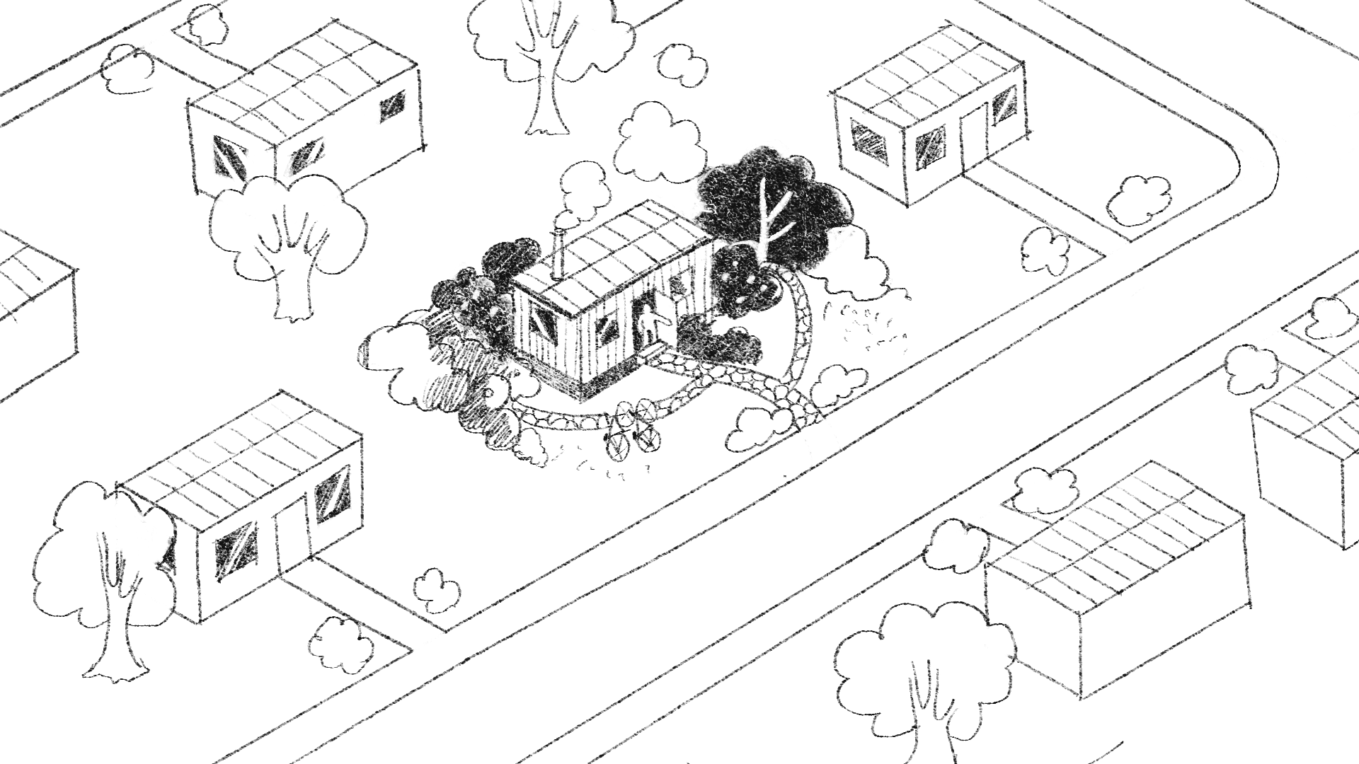 An isometric bird's-eye view of a neighborhood. Identical box-shaped houses line the streets in a grid, dark and empty. In the center, one house stands out — surrounded by trees, flowers, and a garden, with people walking toward it. All buildings are structurally the same, but only one draws a crowd.