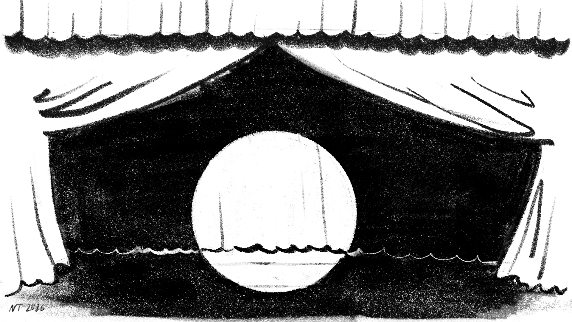 Black-and-white sketch of a theatre stage curtain with a scalloped valance along the top; a bright glowing circle, like a spotlight or moon, shines on the closed curtain at its center.