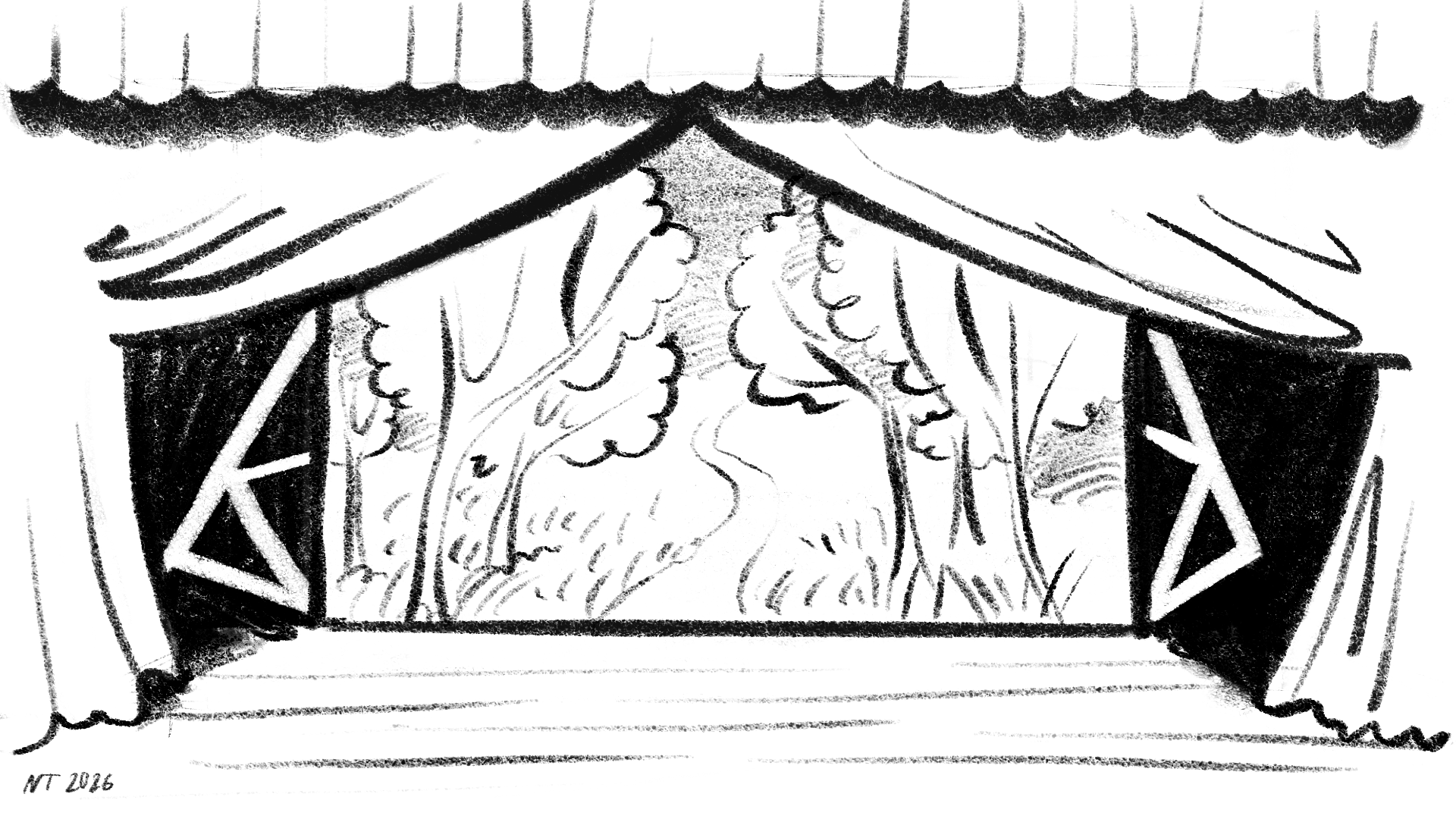 Sketch of a theatre stage curtain drawn open, revealing a flat painted backdrop decorated with a path, trees, and grass.