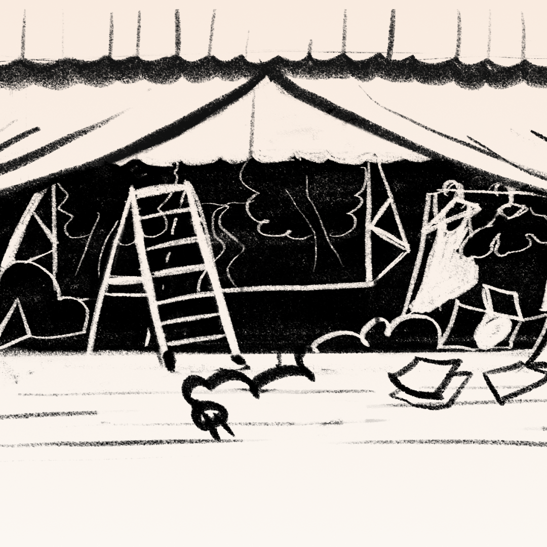 Sketch of a theatre backstage area behind the curtain — a ladder, hanging costumes, and scattered boxes and props on the floor.