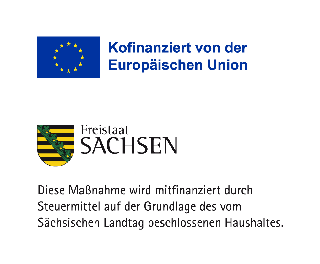 Europäische-Union-Flagge mit dem Text 'Kofinanziert von der Europäischen Union', darunter das Wappen und der Schriftzug 'Freistaat Sachsen' und der Text 'Diese Maßnahme wird mitfinanziert durch Steuermittel auf der Grundlage des vom Sächsischen Landtag beschlossenen Haushaltes.'
