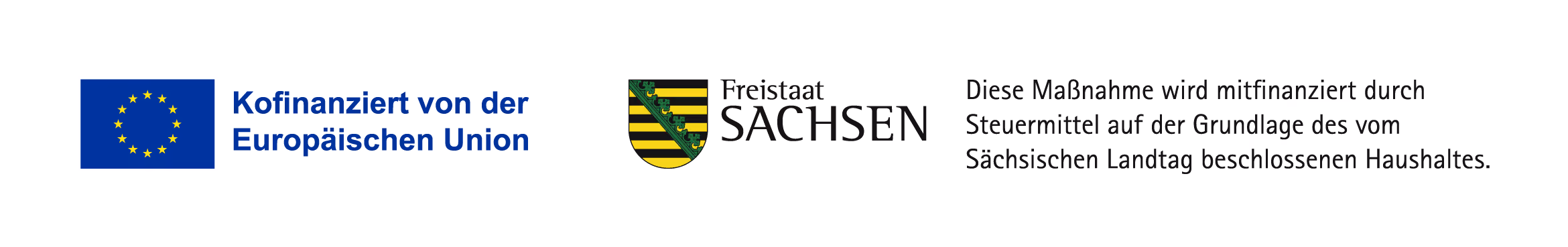 Logo der Europäischen Union mit dem Text „Kofinanziert von der Europäischen Union“ neben dem Wappen und Schriftzug des Freistaats Sachsen und dem Hinweis auf die Mitfinanzierung durch Steuermittel des Sächsischen Landtags.