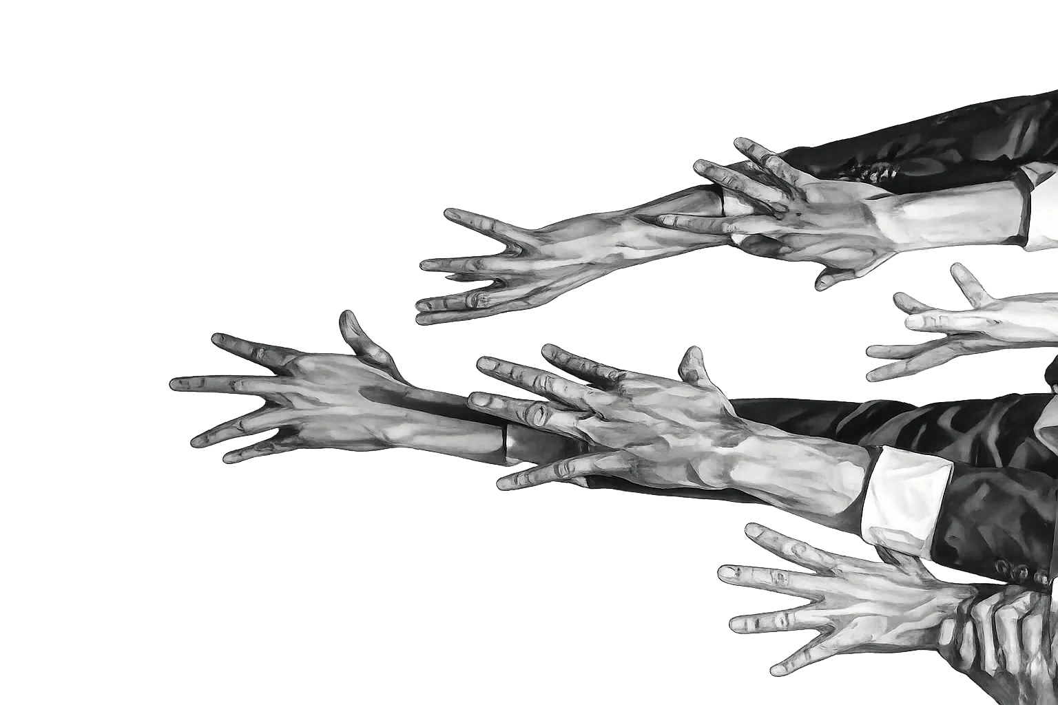 Black and white image of multiple hands and arms reaching and overlapping on a gray background.