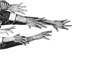 Black and white illustration of multiple hands and arms reaching out in different directions on black background.
