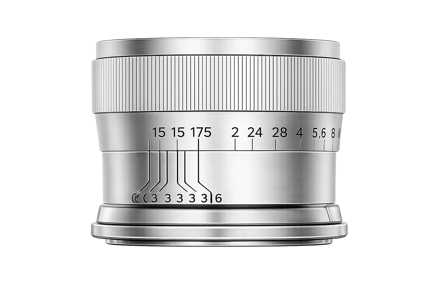 Close-up of a silver camera lens with engraved aperture and focus distance markings.