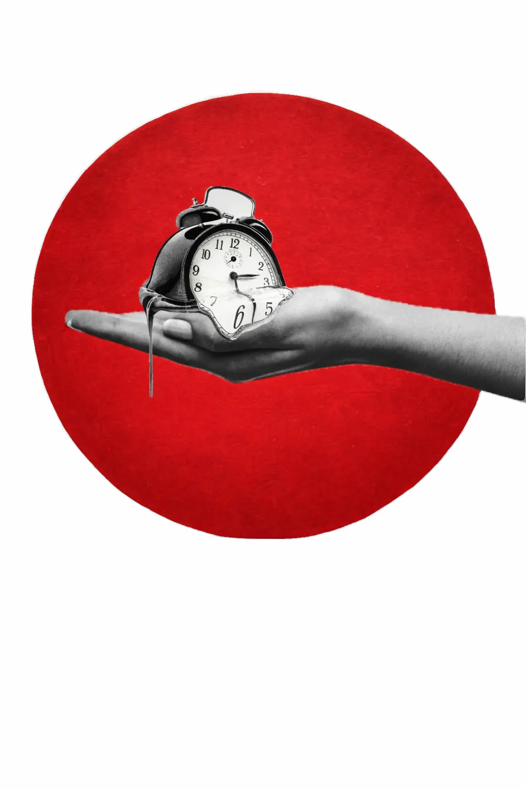 Hand holding a melting vintage alarm clock against a red circular background.