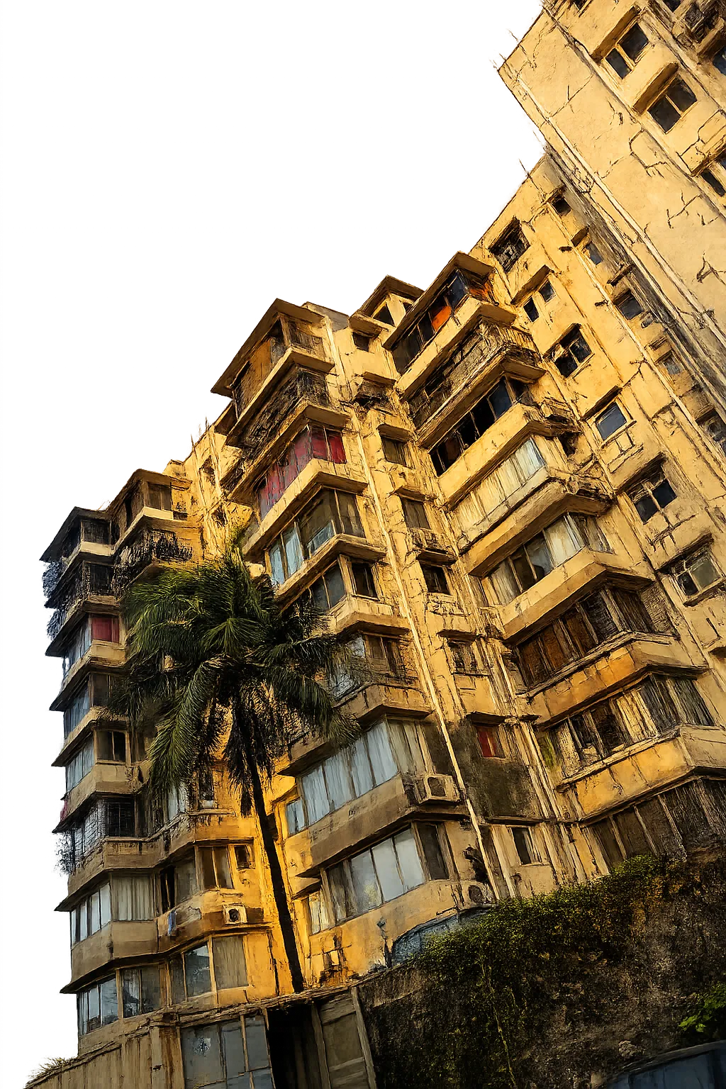 A weathered multi-story apartment building with many windows and a tall palm tree in front at sunset.