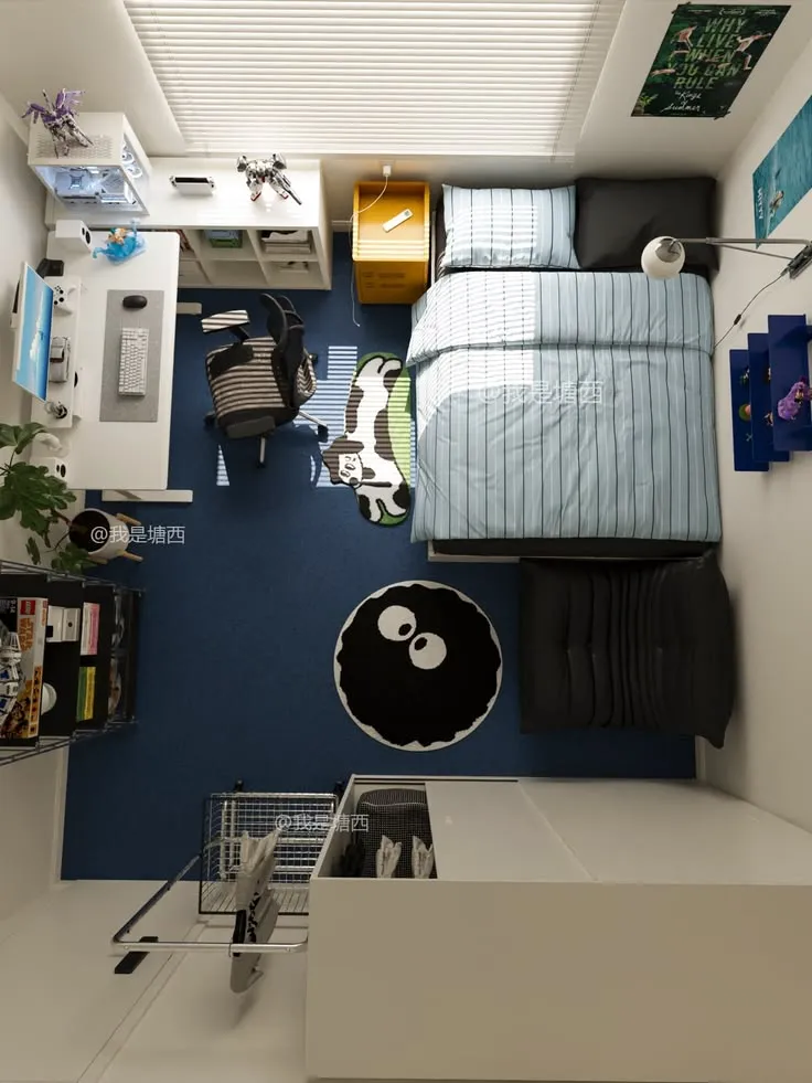 Top-down view of a tidy bedroom with bed, desk, chair, black cushioned seat, and blue carpet with cartoon rugs.