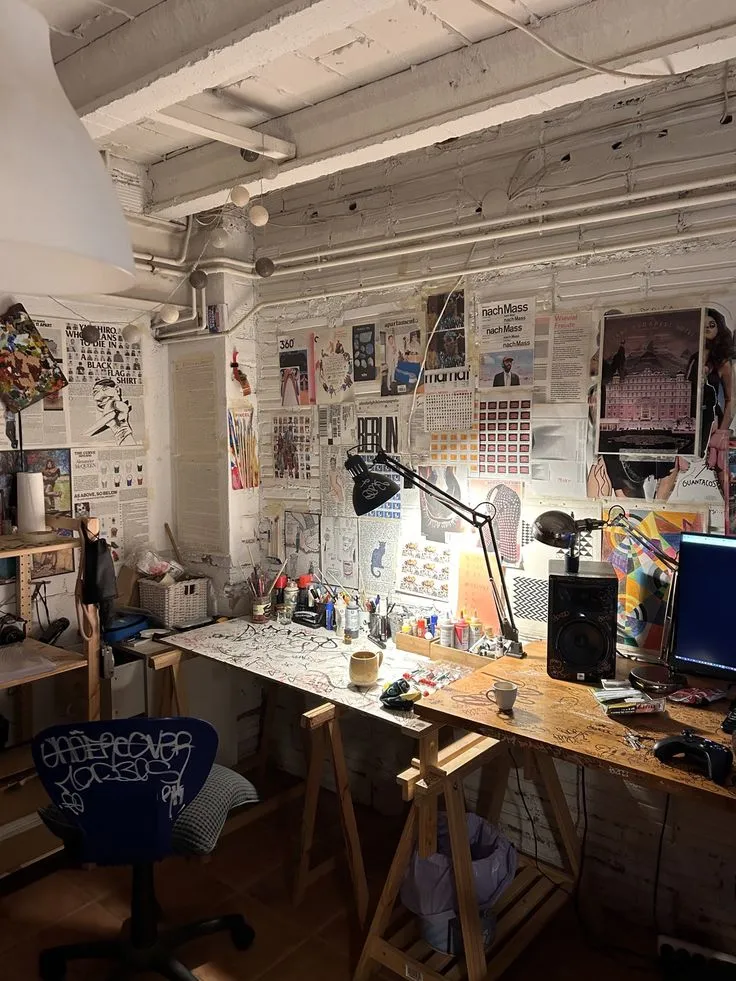Creative workspace with desks, art supplies, desk lamps, posters, computer monitor, and a chair with graffiti.