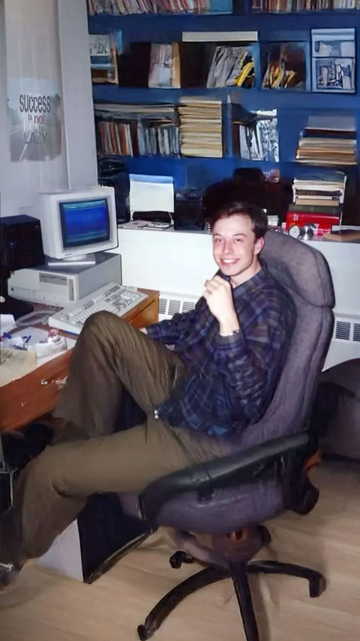 Young man smiling, sitting in a chair by a vintage desktop computer in a room with shelves and books.