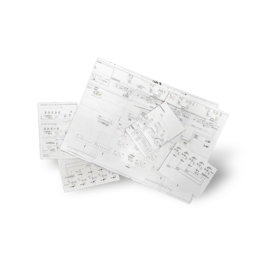 Sada technických výkresů a schémat rozložených na černém pozadí.