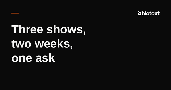 Blotout wordmark above the headline Three shows, two weeks, one ask