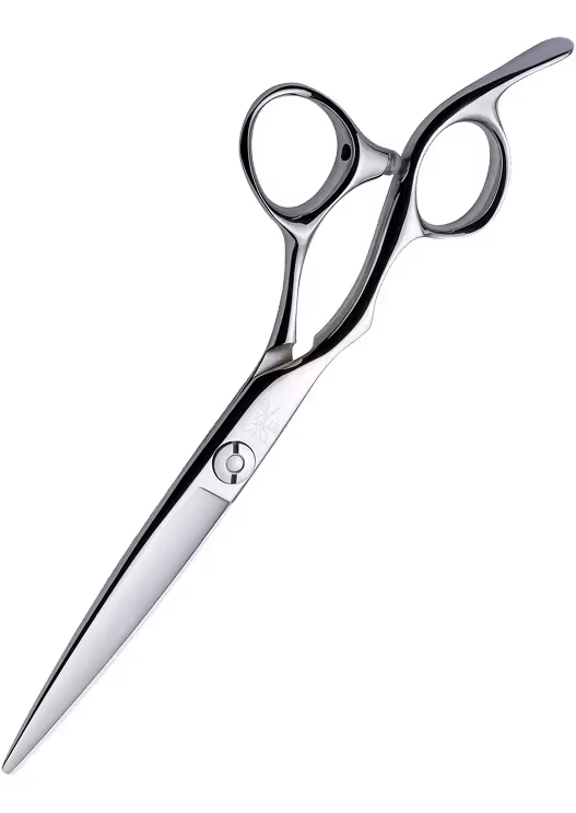 Sleek silver hairdressing scissors with finger rest and sharp pointed blades.