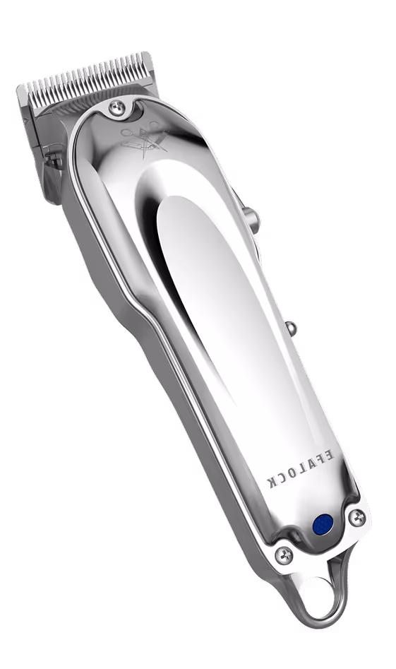 Silver professional hair clipper with sharp metal blades and a blue indicator light.