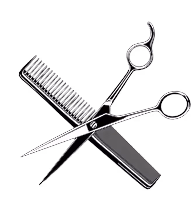 Silver hair cutting scissors crossed over a black comb on a transparent background.