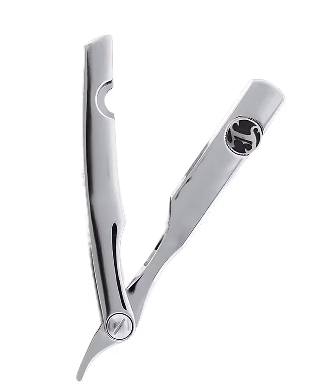 Stainless steel straight razor with an open hinge and a circular logo on the handle.