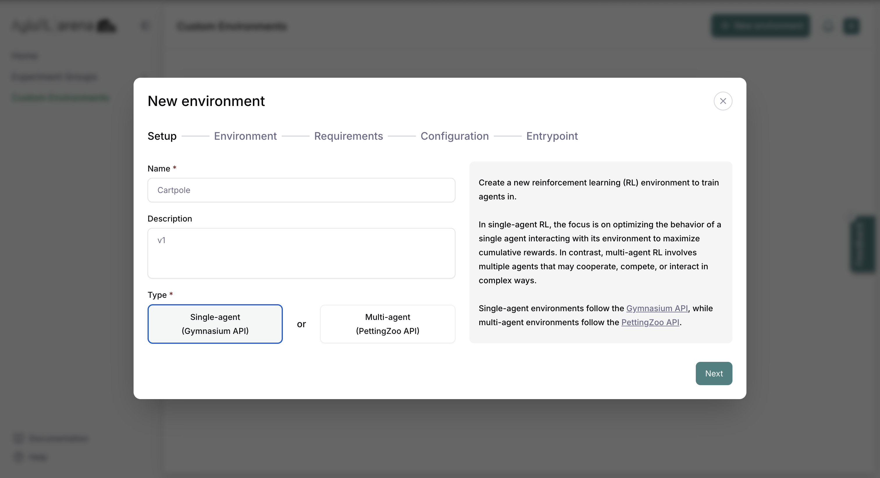 New custom environment modal