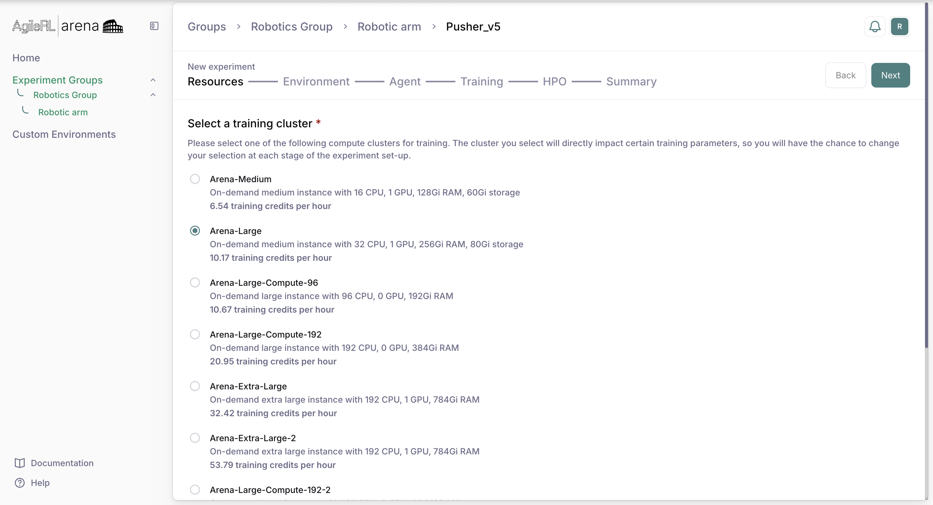 New experiment resource selection