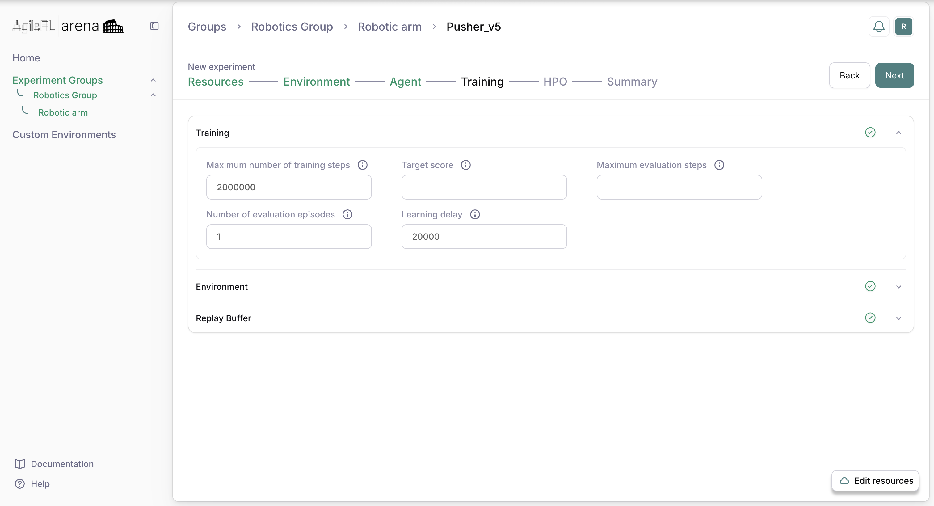 New experiment training parameters