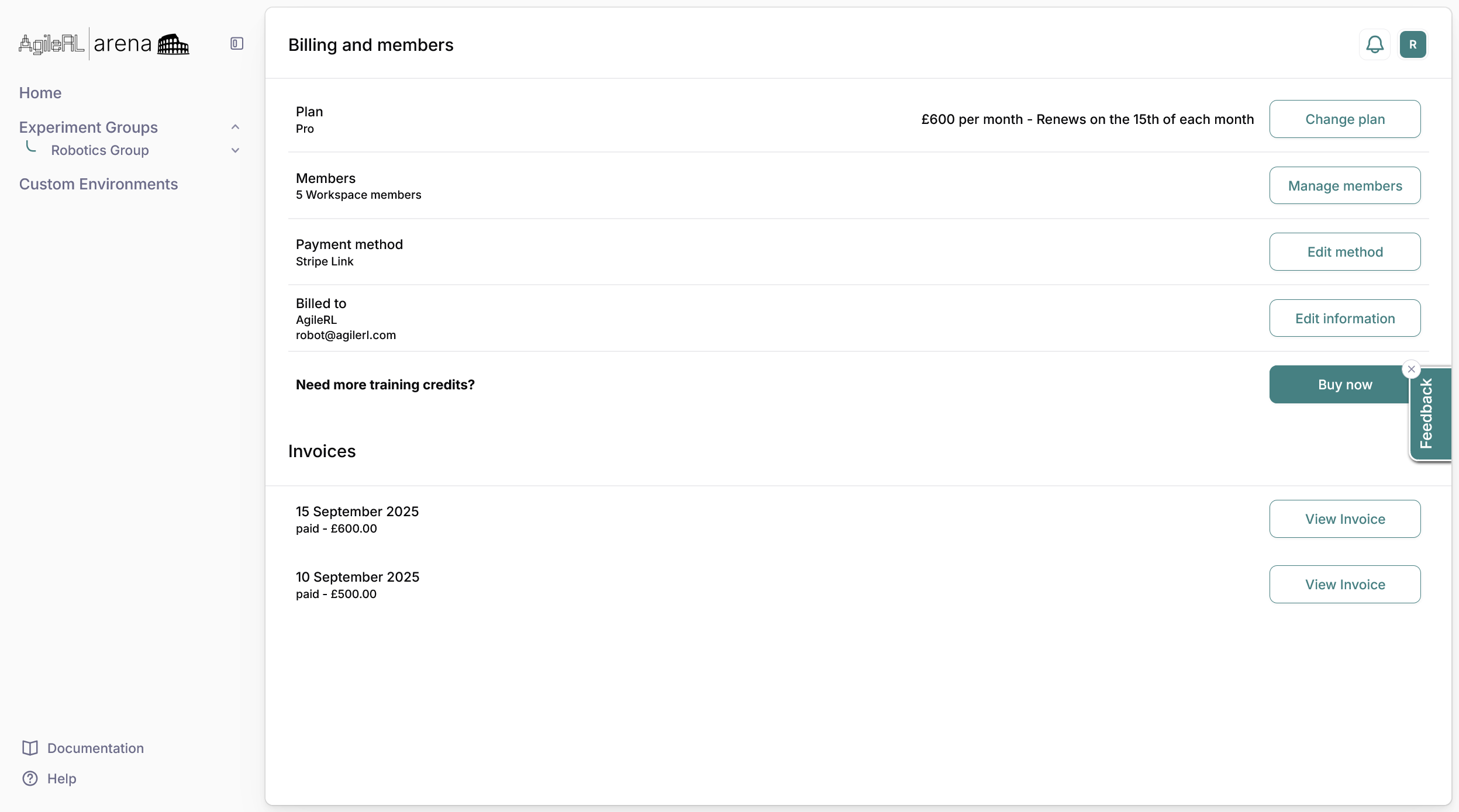 Billing and members page