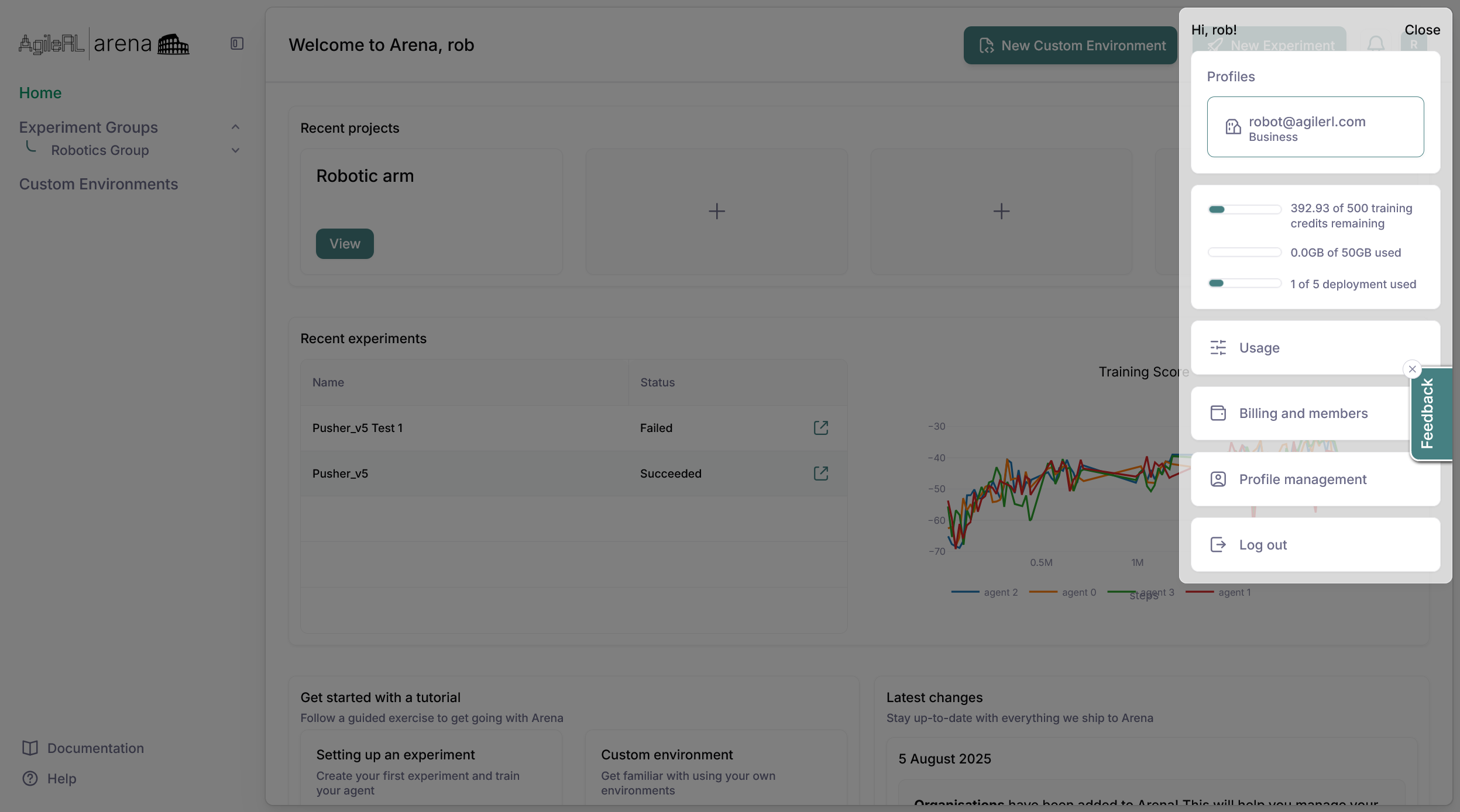 Arena billing and members page