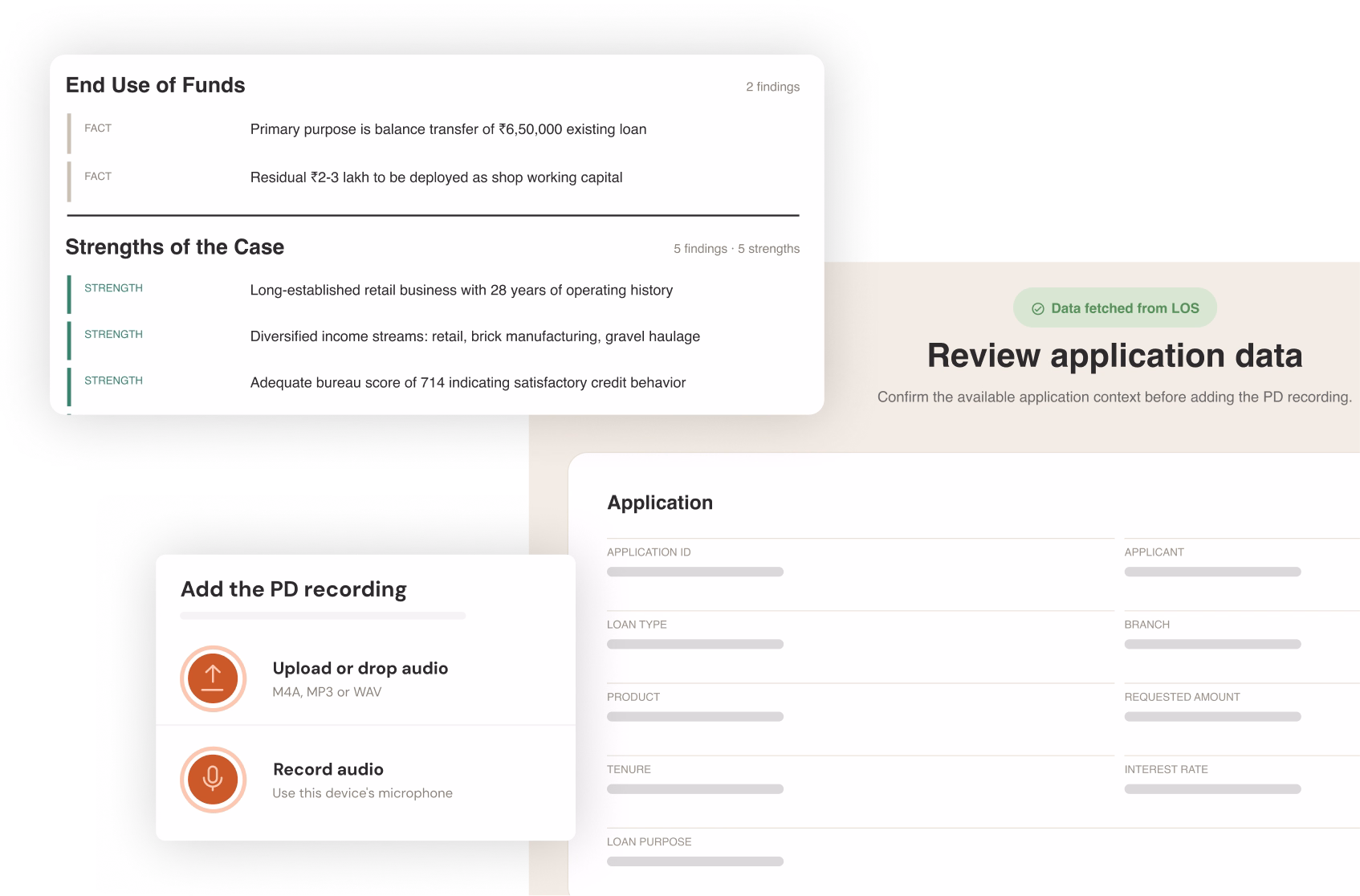Dashboard showing loan application review, end use of funds, case strengths, and options to add or record PD audio.