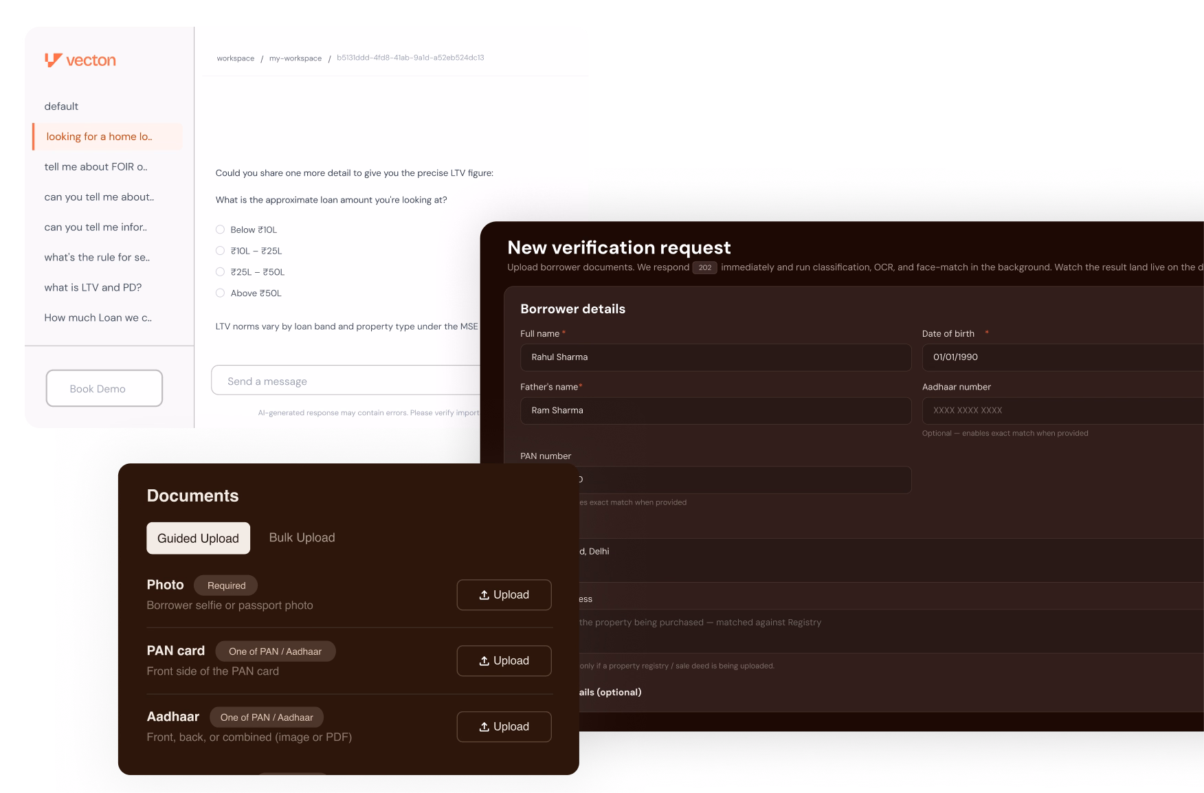 Screenshots of a loan application chat and new verification request form with document upload options.