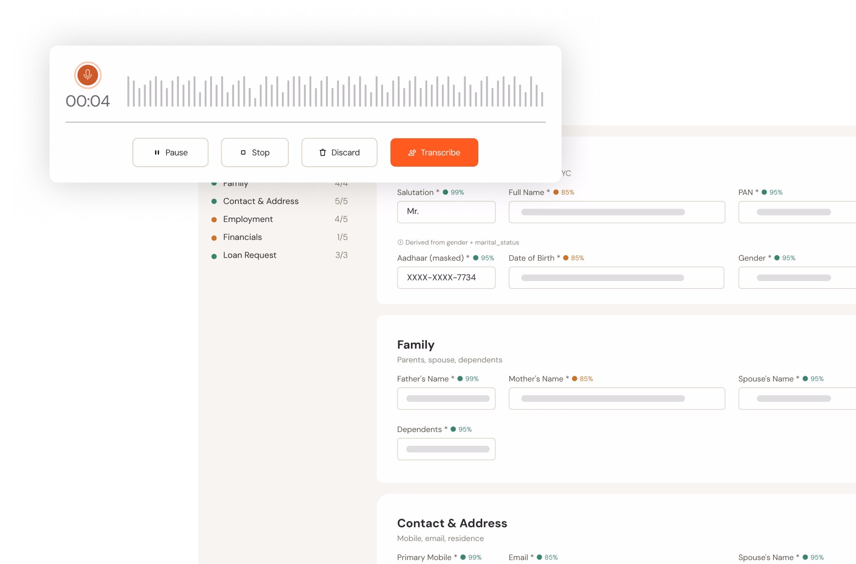 Voice recording interface with pause, stop, discard, and transcribe buttons over a detailed application form.