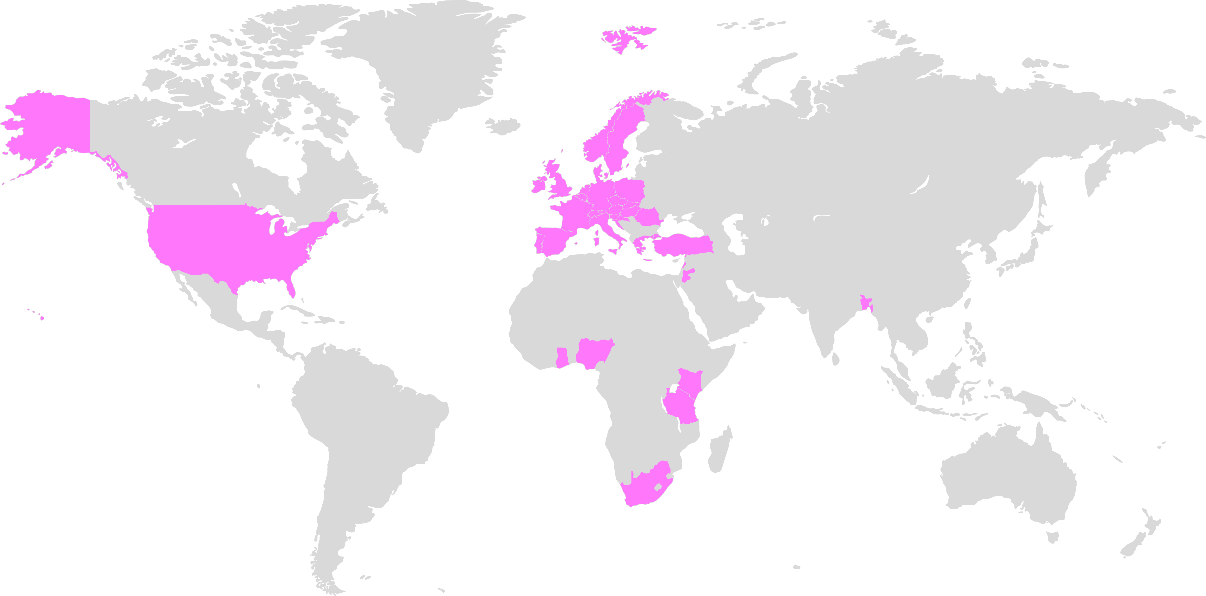 World map highlighting select countries in pink, including the United States, Iceland, Norway, Sweden, Finland, Denmark, the United Kingdom, Ireland, Poland, Czech Republic, Italy, Spain, Turkey, Israel, India, Nigeria, Ghana, Tanzania, and South Africa.