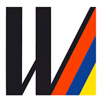 Schwarzer Buchstabe W mit diagonalen Streifen in Rot, Blau, Orange und Gelb rechts.