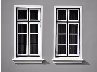 Zwei weiße Sprossenfenster mit schwarzem Rahmen an einer grauen Wand.