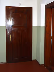 Geschlossene braune Holztür mit Messinggriff in einem grünen und weißen Flur.