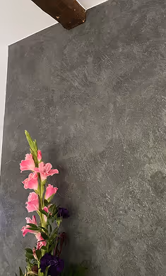 Hellrosa Gladiolablüte neben einer grauen, strukturierten Wand mit sichtbarem Holzbalken an der Decke.