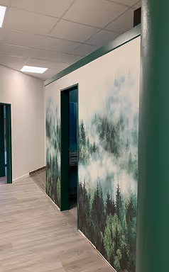 Innenraum mit Wand, die einen nebligen Wald mit Tannenbäumen zeigt, moderner Boden und weiße Decke.