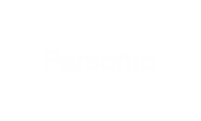Personio company logo in white text on black background.