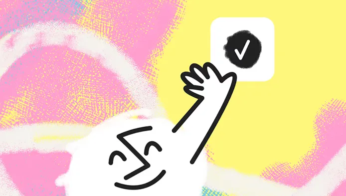 Cartoon-style white face with a smiling expression and raised hand reaching toward a black checkmark inside a white square, set against a colorful pink, yellow, and white abstract background.