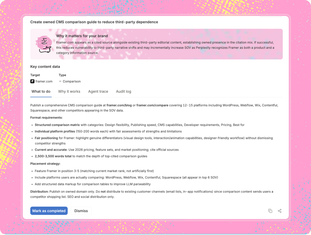 Compliance-safe content drafted in category and attribute language for approval
