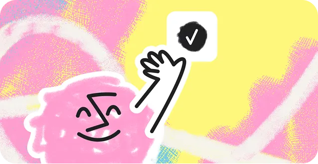 Abstract pink face with eyes closed and smiling raises a hand with a black checkmark symbol above it, set against a yellow and pink textured background.