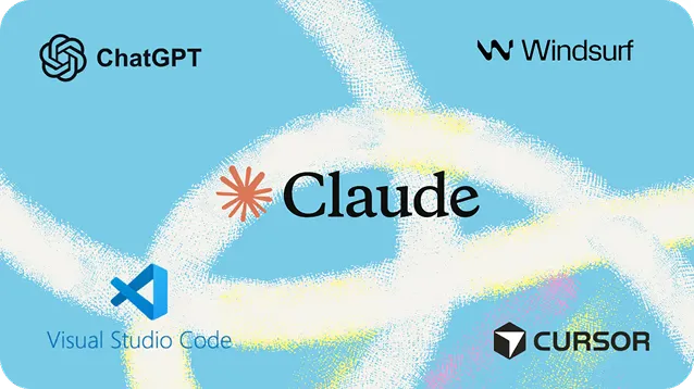 Blue background with white and yellow abstract streaks featuring the logos and names of five AI or software tools: ChatGPT with its logo in the top left, Windsurf with a stylized W logo in the top right, Claude with a star-like orange icon in the center, Visual Studio Code with its blue logo in the bottom left, and CURSOR with a cube logo in the bottom right.