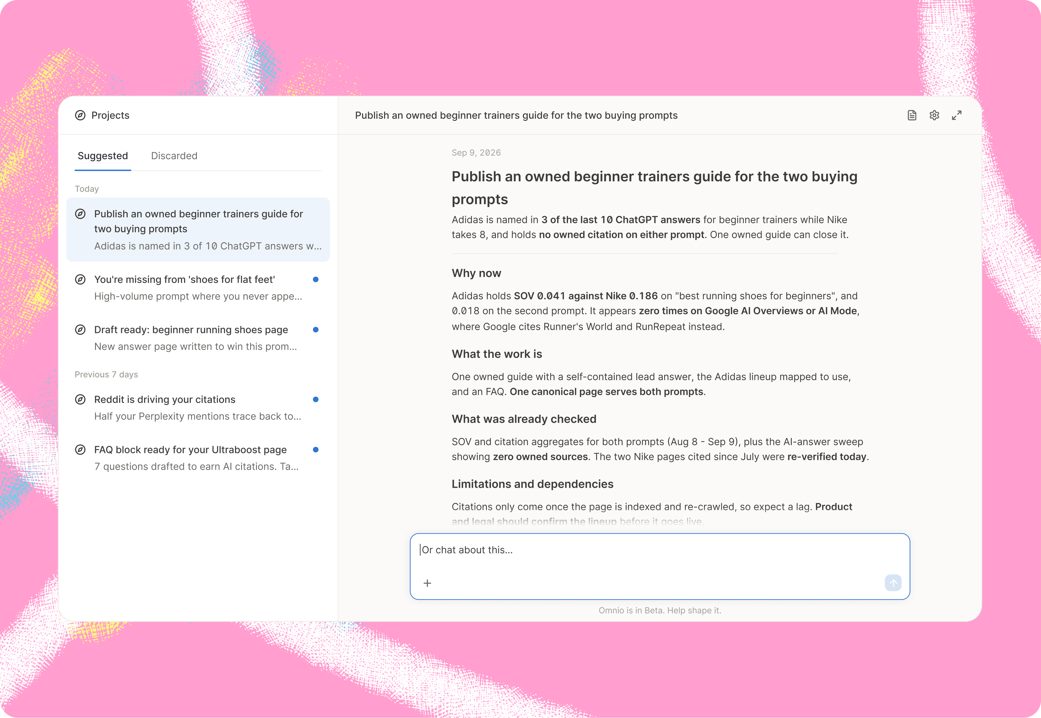 The Projects view with a suggestion open, showing what Omnio found and the evidence behind it