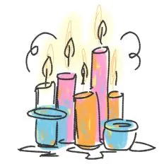 Illustration of six stylized candles of different heights and colors, some lit and emitting yellow flames and light, arranged closely with wax drips around them.