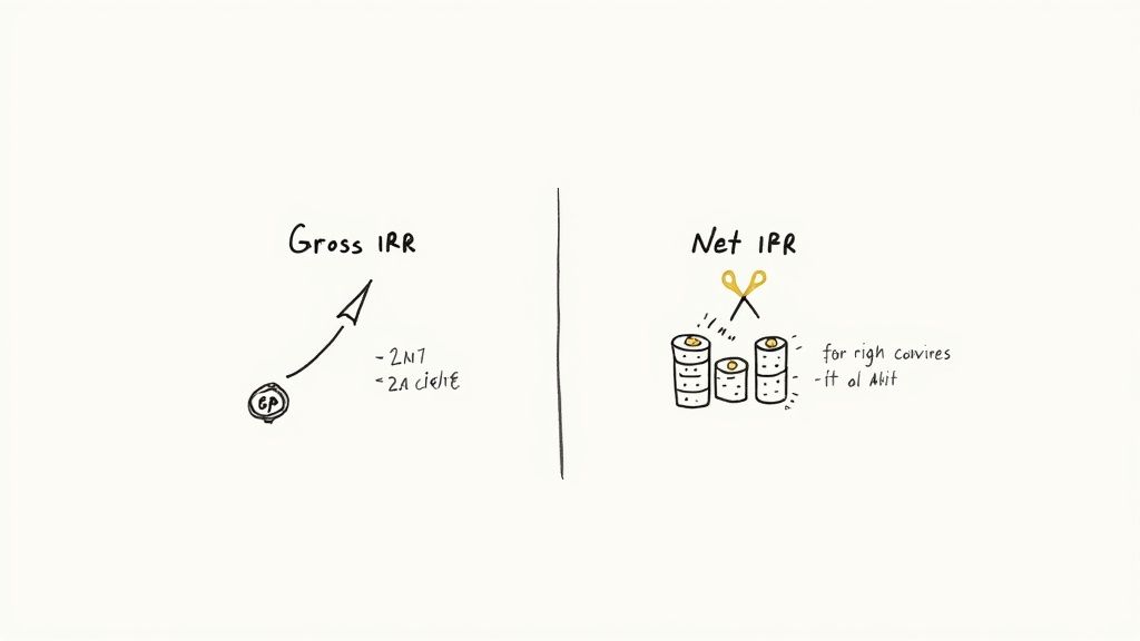 Hand-drawn diagram comparing gross IRR and net IRR calculations with visual illustrations