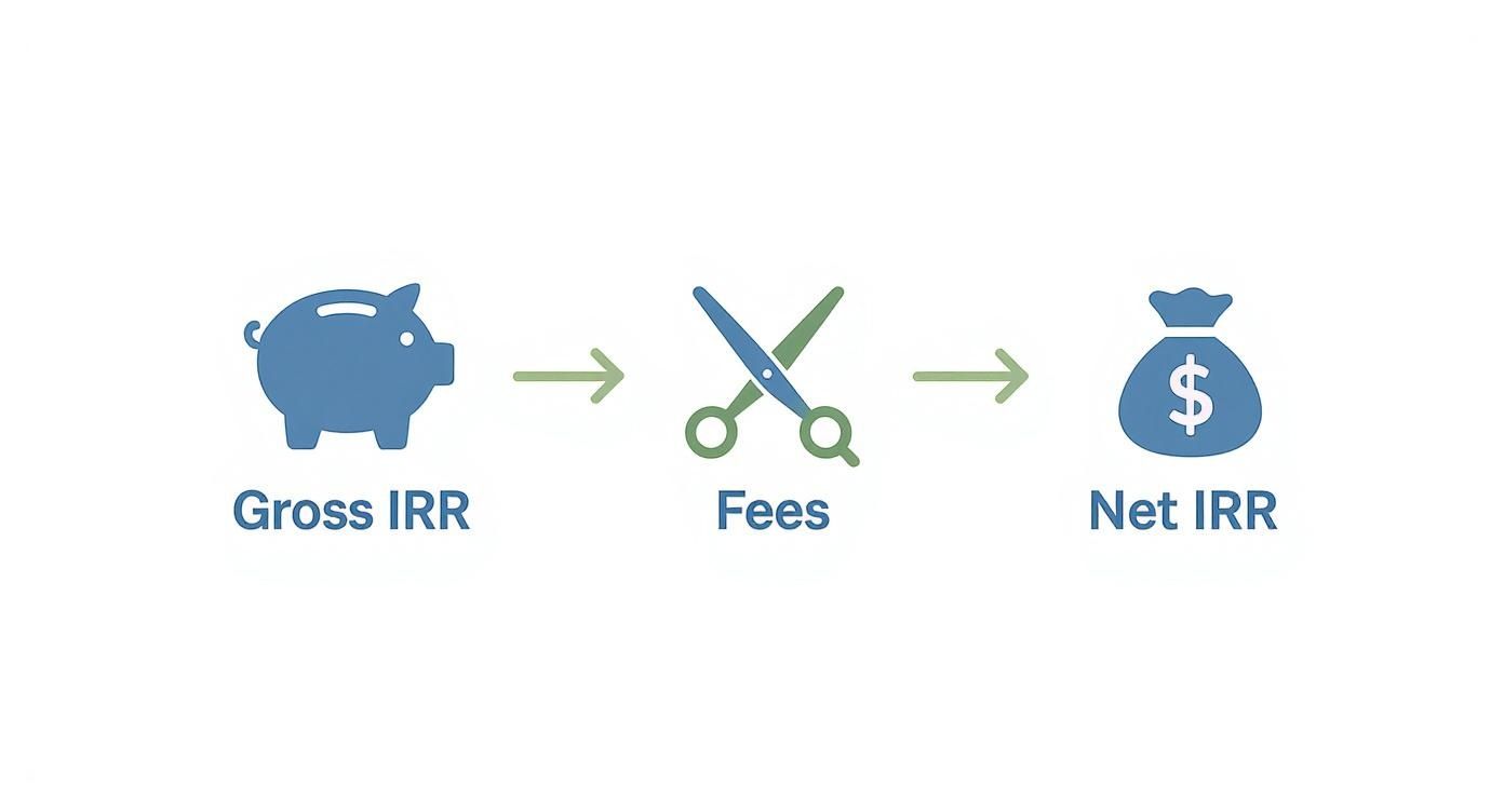 Visual diagram showing gross IRR minus fees equals net IRR with piggy bank, scissors, and money bag icons