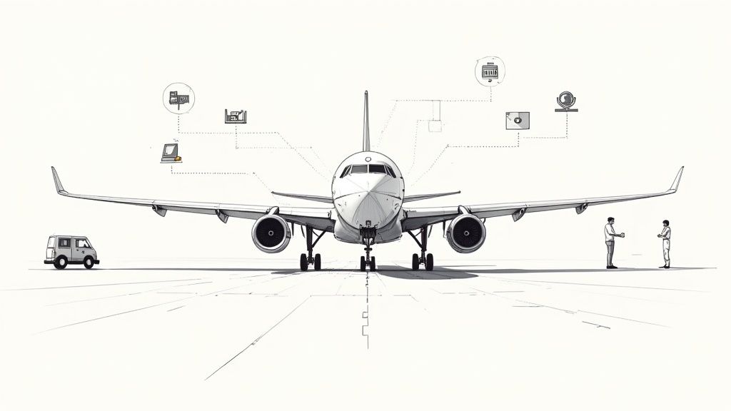 Technical drawing of an aircraft on a tarmac with digital connectivity symbols, a van, and ground staff.