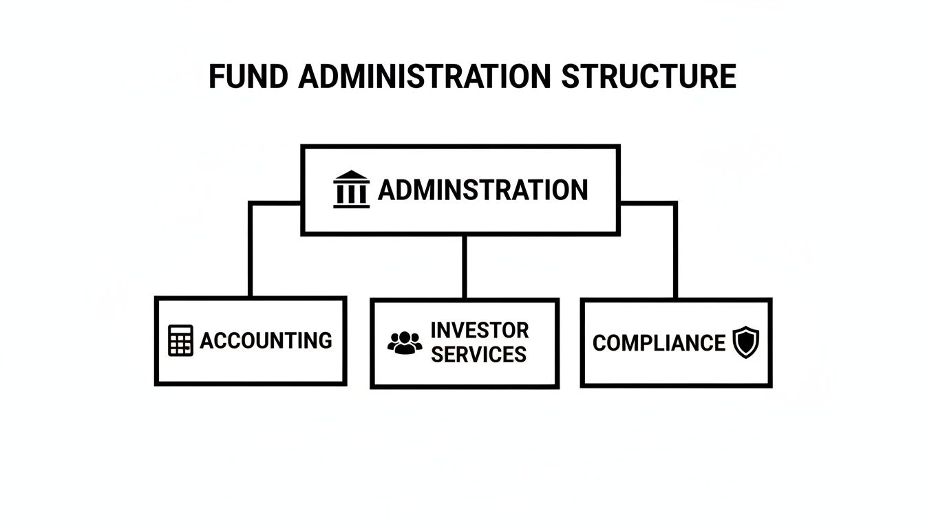 Organizational chart showing the fund administration structure, including accounting, investor services, and compliance.