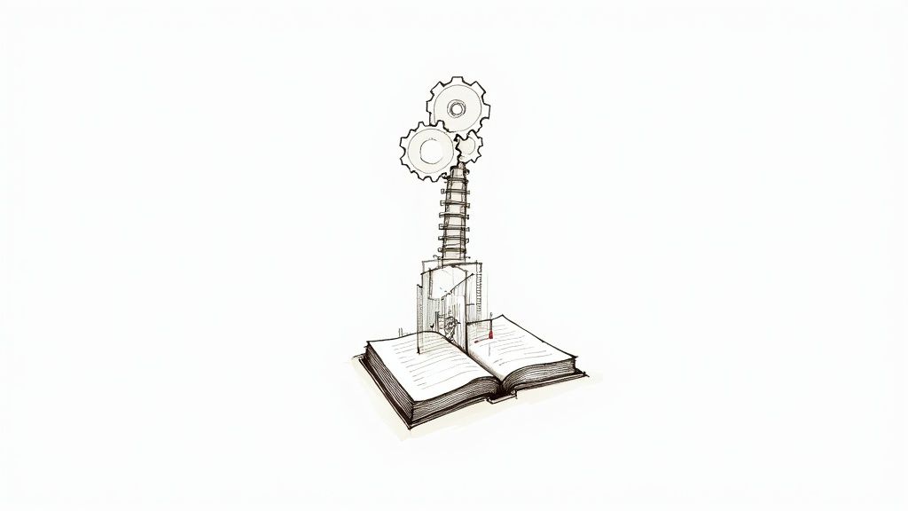 A conceptual drawing: an open book sprouts a building, a spring, and gears on a white background.