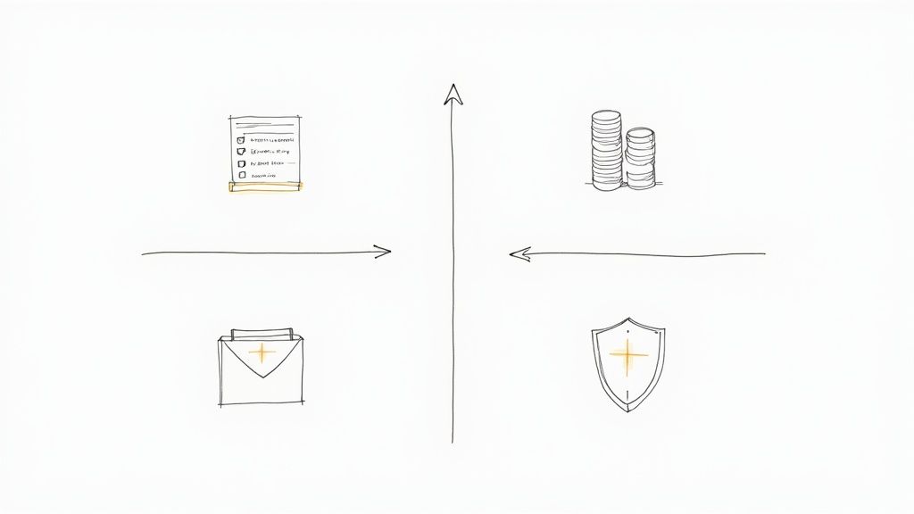 A hand-drawn business diagram showing a checklist, stacked coins, an open envelope, and a shield.