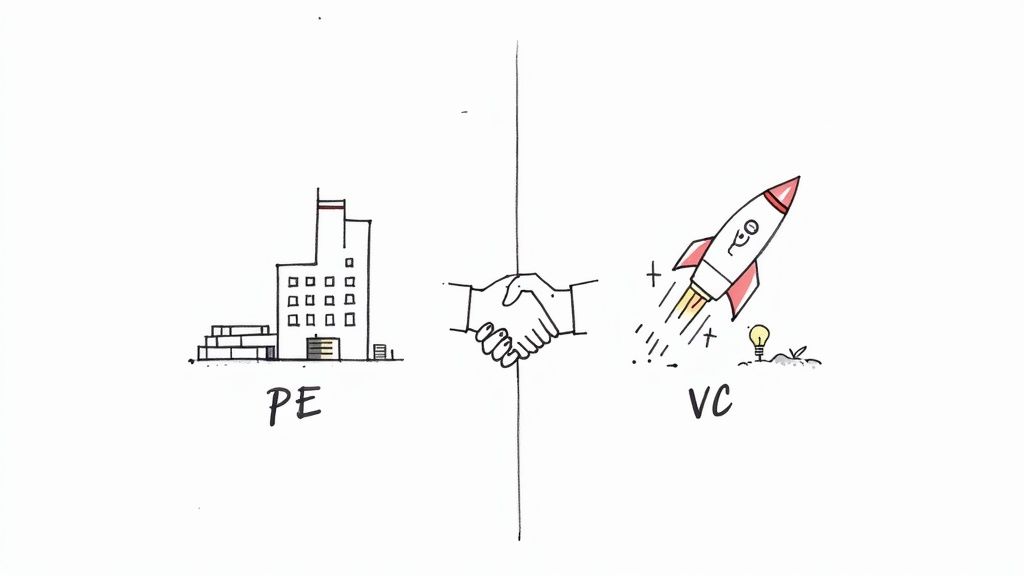 Hand-drawn illustration comparing Private Equity (PE) and Venture Capital (VC) through symbolic imagery and a handshake.