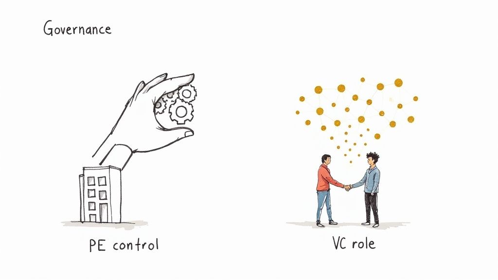 Illustration comparing private equity control with venture capital's networking role in governance.