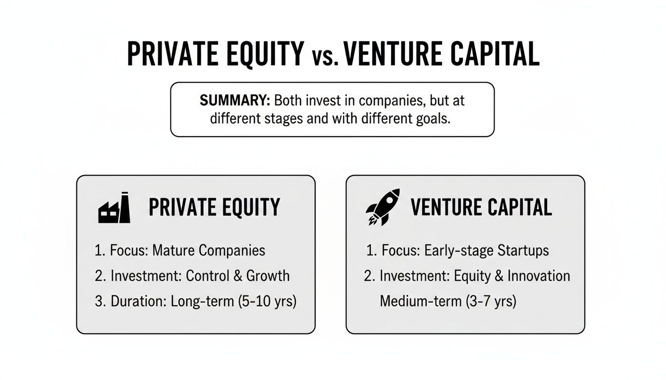A clear comparison between Private Equity and Venture Capital, detailing their focus, investment, and duration.